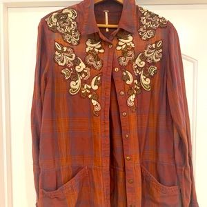 Free people distressed beaded flannel